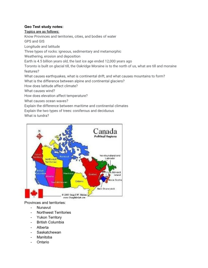 Geography Test Notes - Provinces, GPS, Rocks, Earth's Age, and Trees