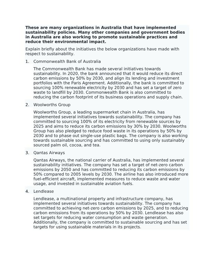Sustainability Initiatives in Australian Organizations
