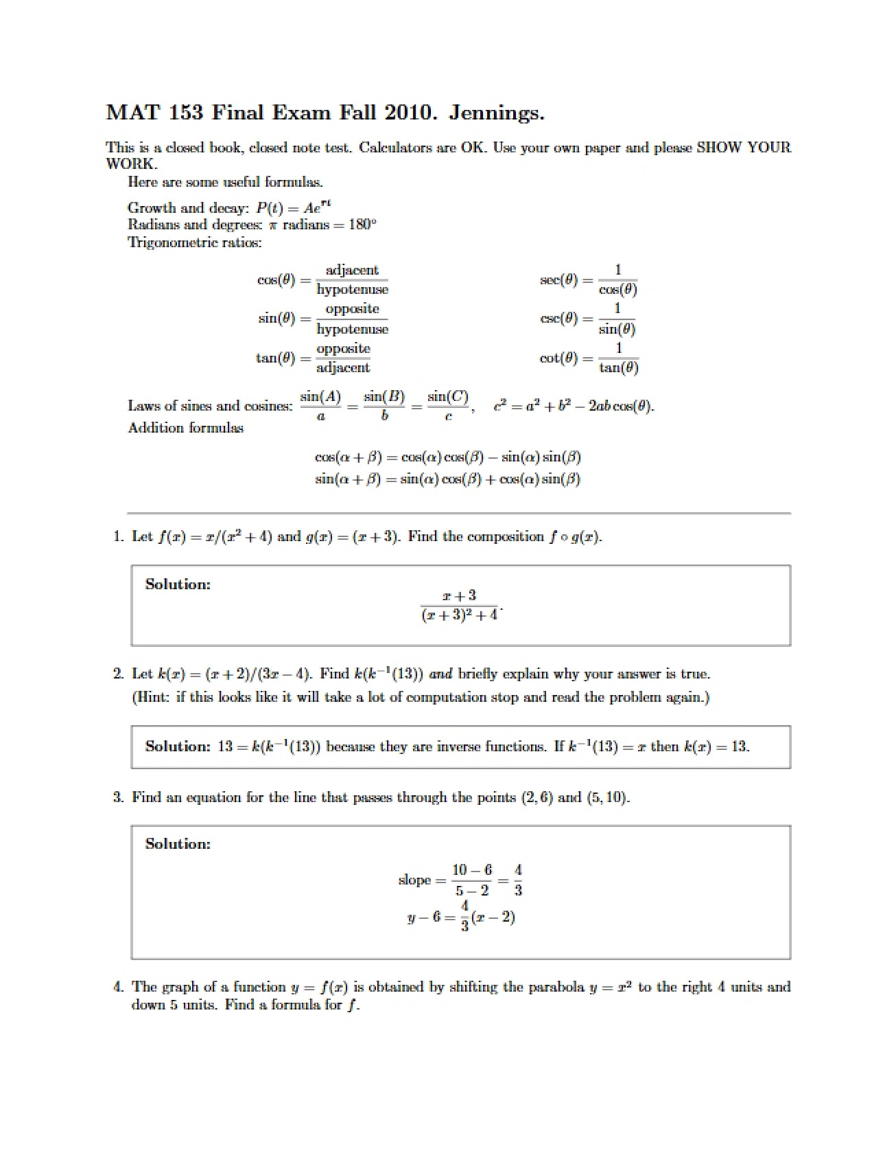Final Examination One for MAT 153