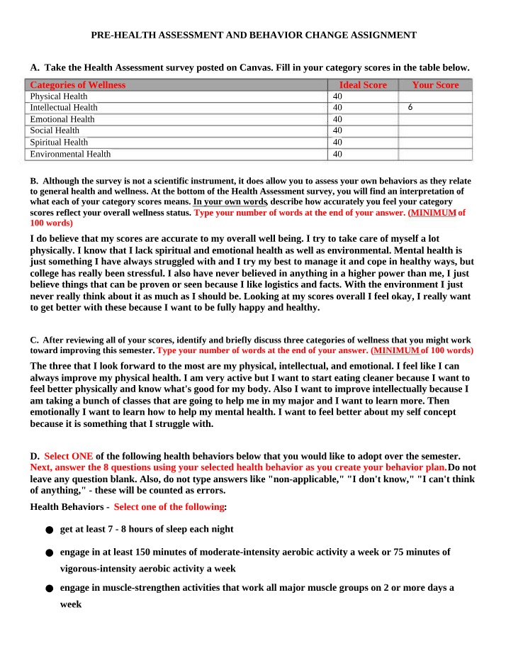 Improving Wellness - Assessing Health Categories
