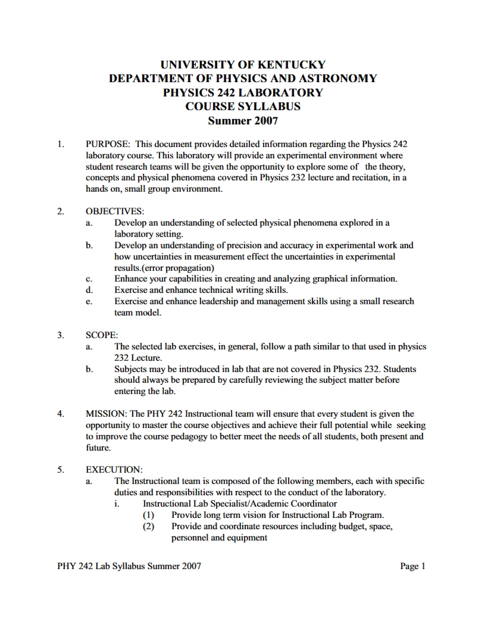 Lab Syllabus Physics 242 - Gen University Phy Lab