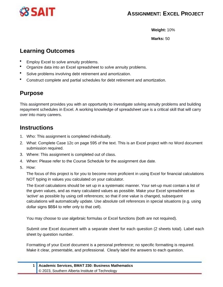 BMAT230 Case 12c Excel Project with Rubric