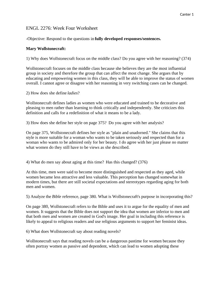 Mary Wollstonecraft - Empowering and Redefining the Middle Class