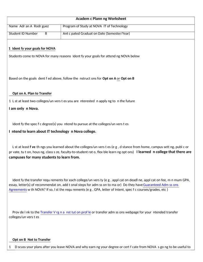 Worksheet for Academic Planning