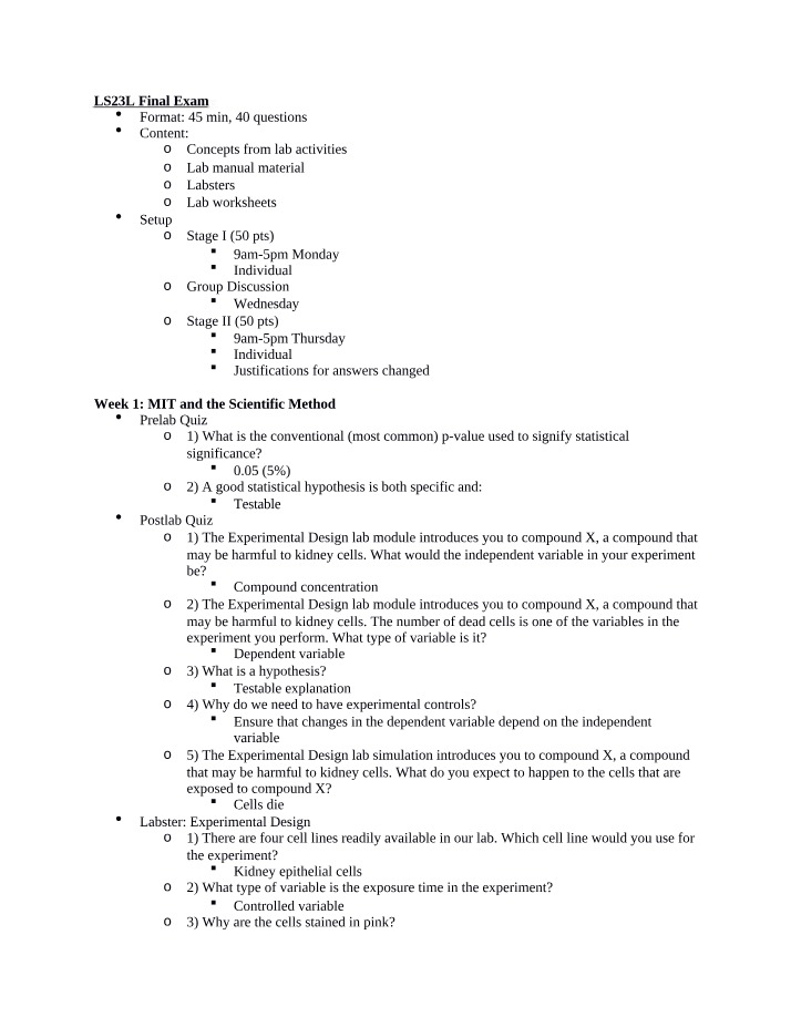 Lab Concepts, Activities, and Worksheets for LS23L Final Exam