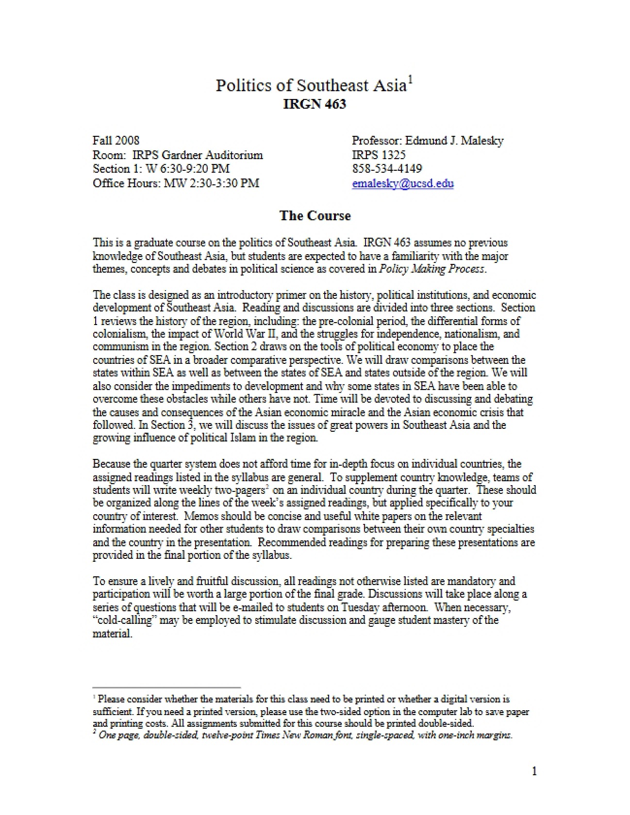 Southeast Asian Politics Syllabus