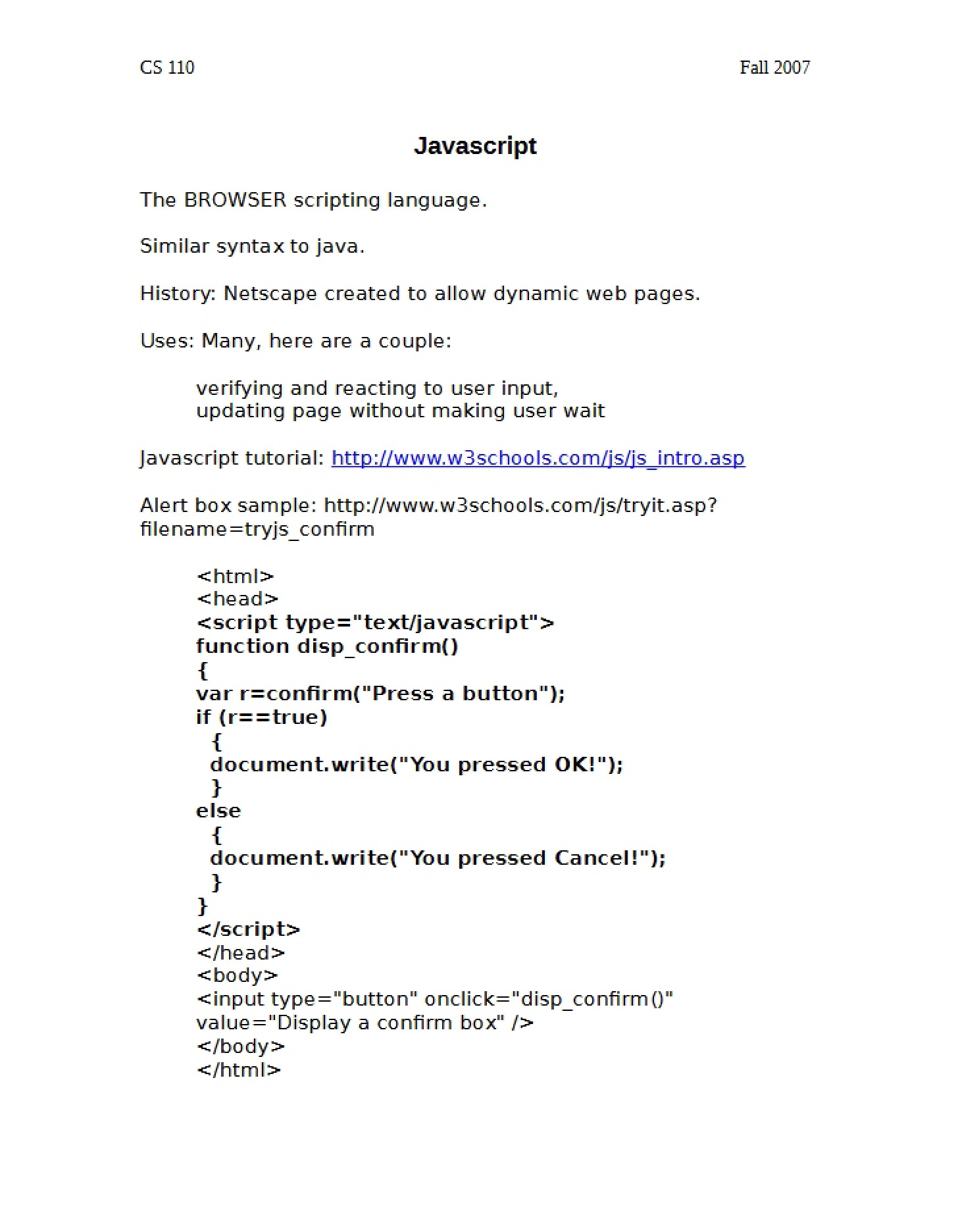 Javascript Language - Introduction To Computer Science I
