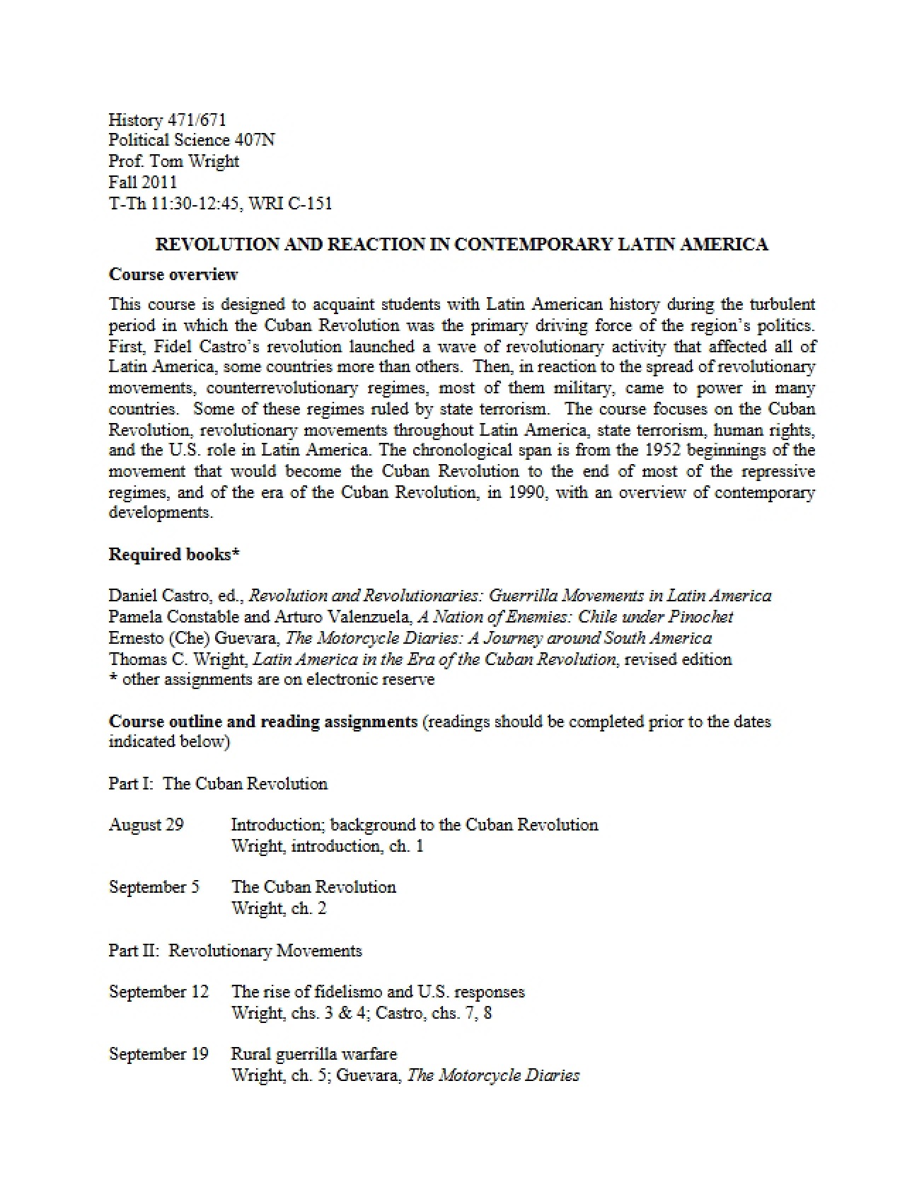 Revolution and Reaction Latin America Syllabus