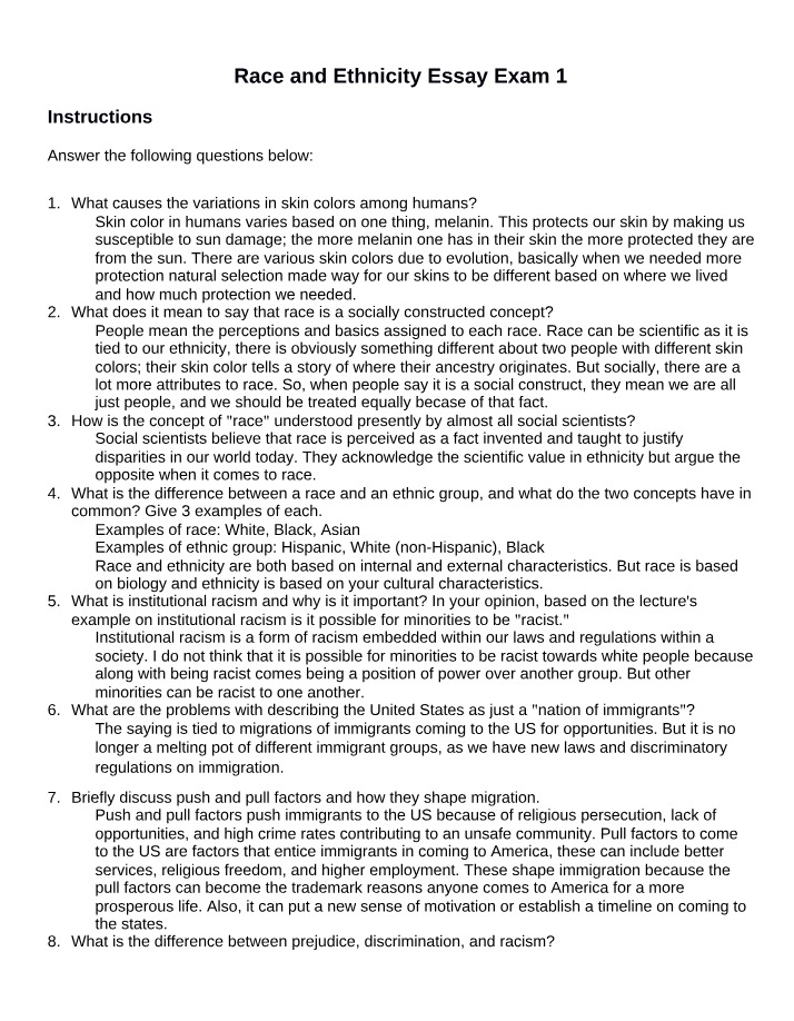 Exam 1 - Race and Ethnicity Essay