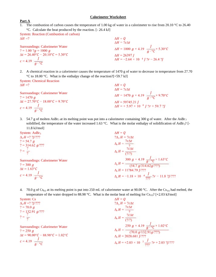 Worksheet on Calorimeters