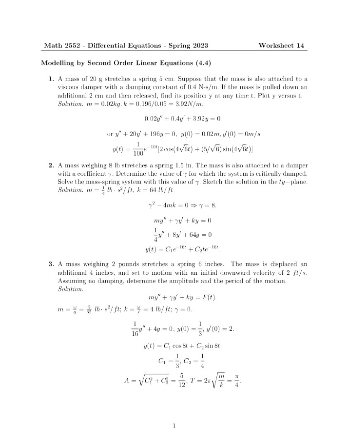 MATH 2403 Worksheet 14 General Solutions