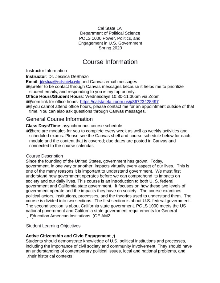 POLS 1000 Syllabus - Power, Politics, and Engagement in U.S. Government (Spring 2023)
