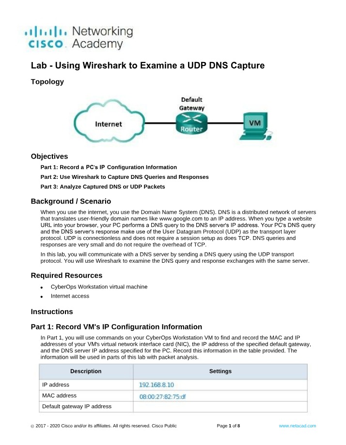 Wireshark Lab Guide - Examining UDP DNS Capture