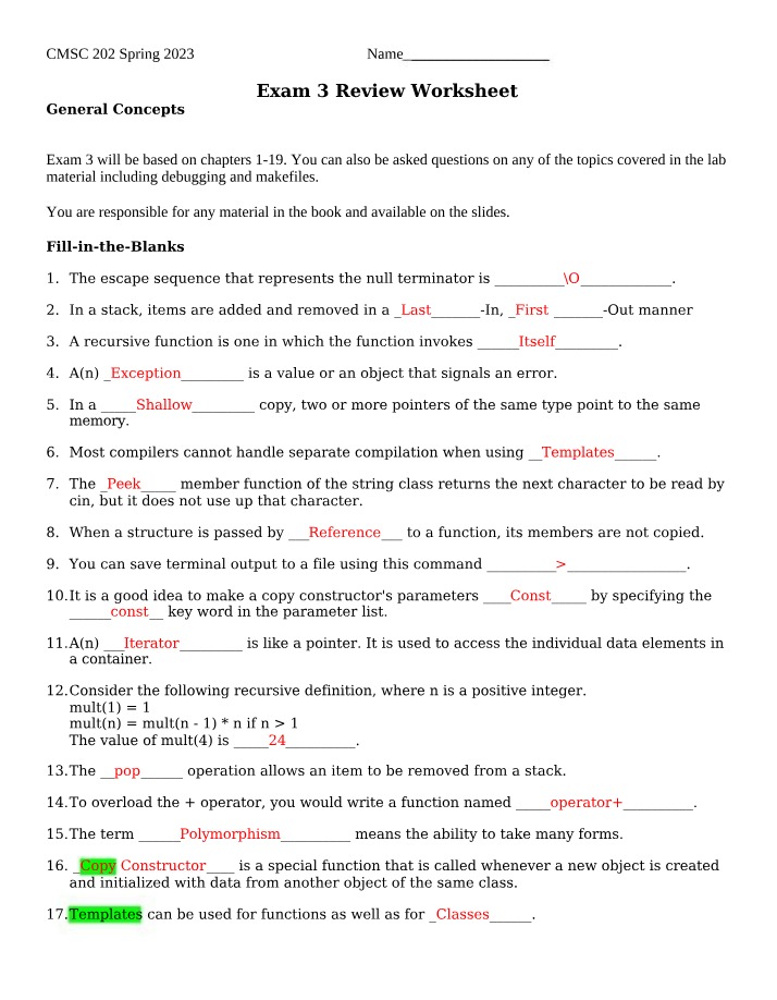 Worksheet for Exam 3