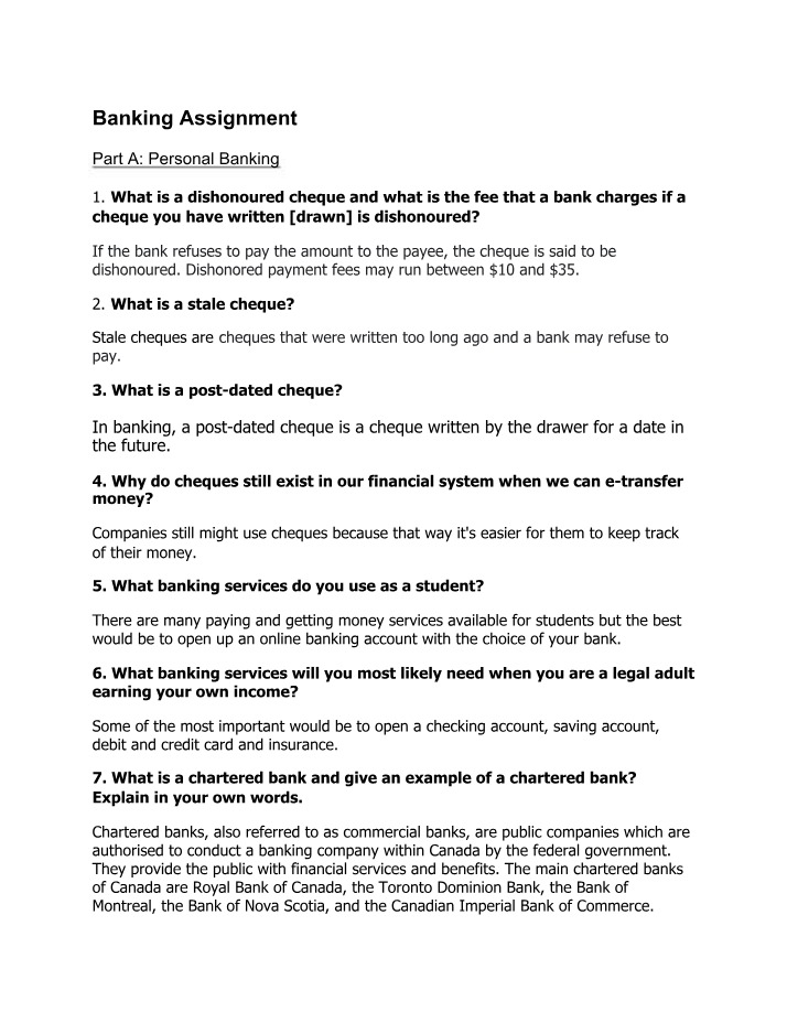 Assignment - Personal Banking, Cheques, and Bank Accounts