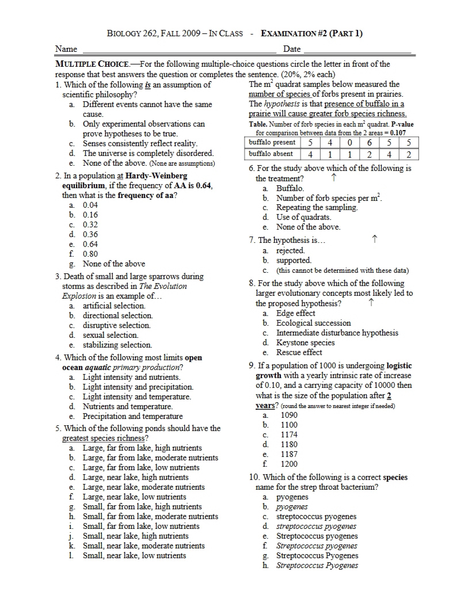Examination for Principles of Biology - BL 262