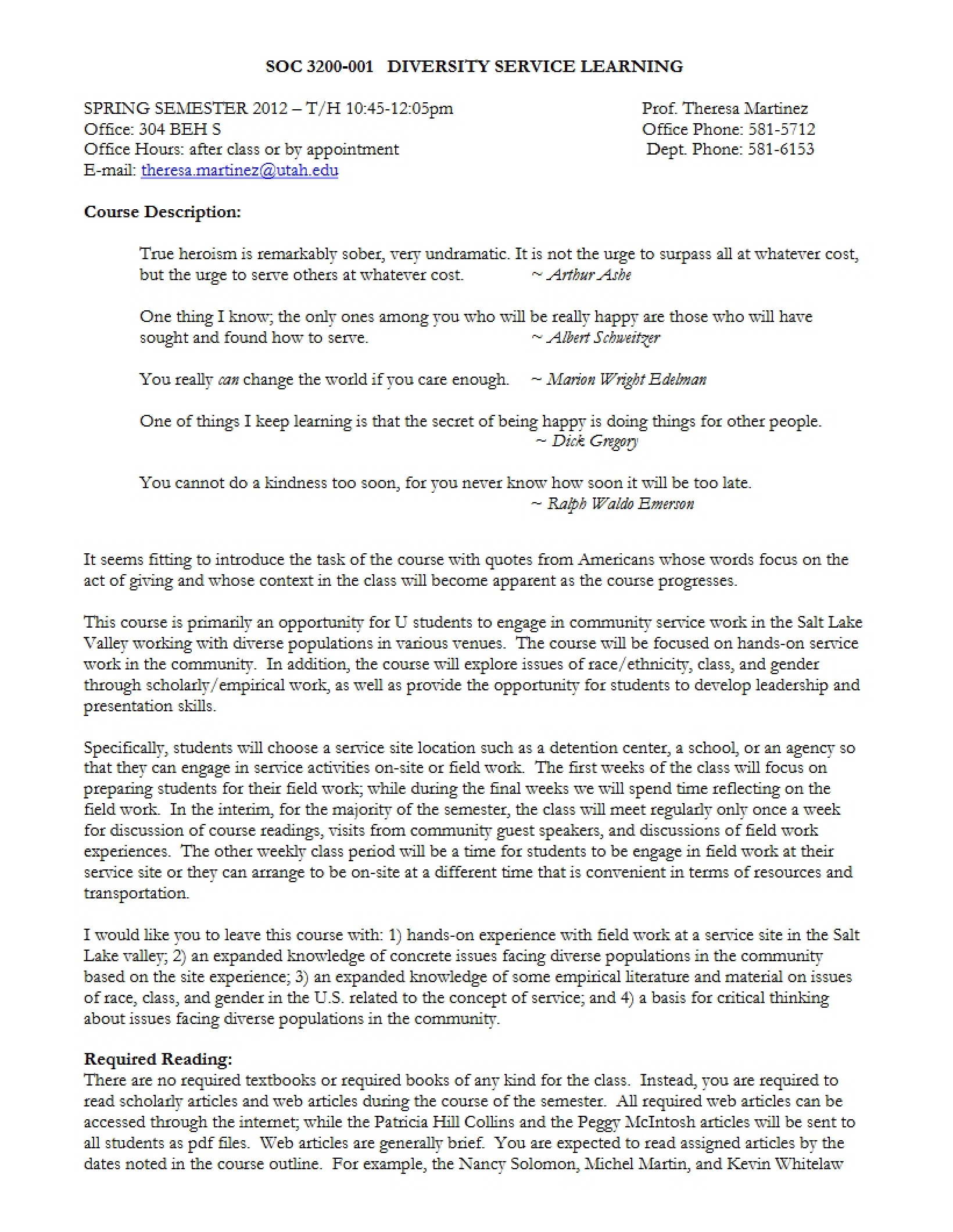 Syllabus Diversity Service Learning