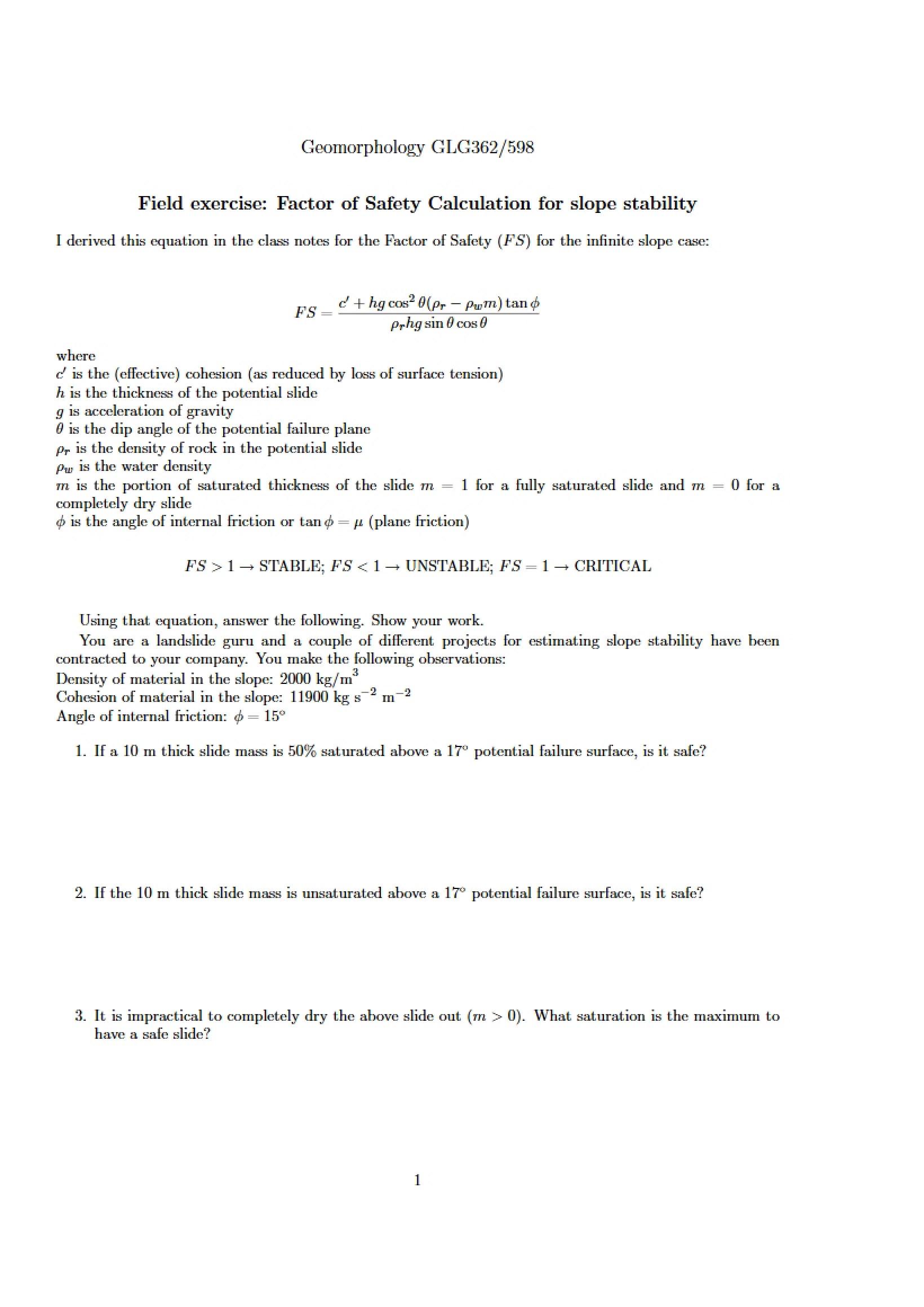 Slope Stability Safety Factor Calculation Field Exercise