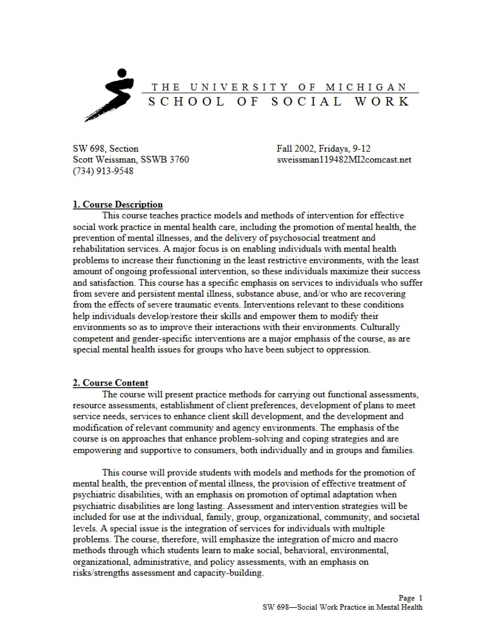 Mental Health Practice Course Description