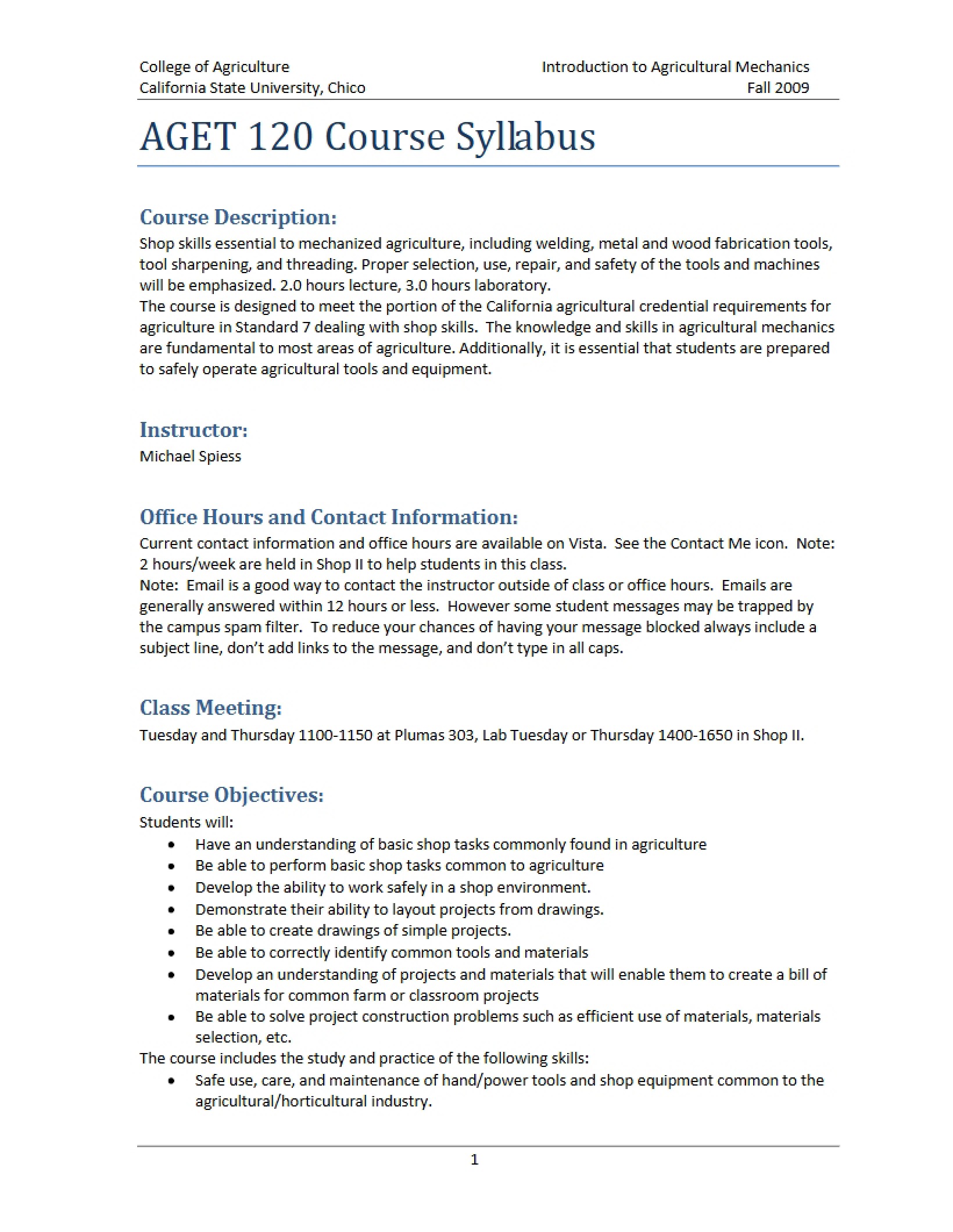 Ag Mechanics Introduction Syllabus