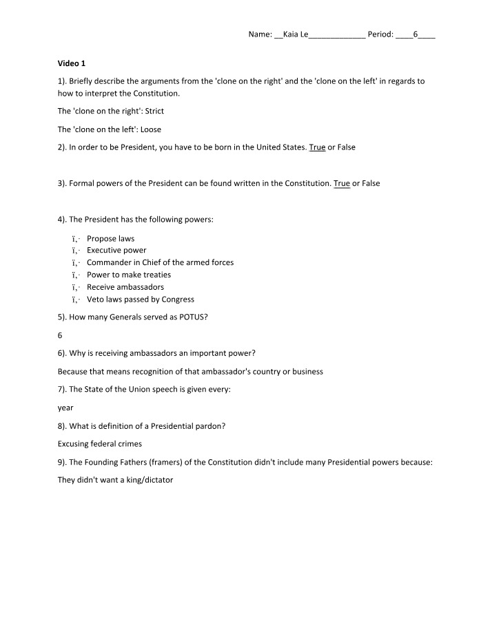 Presidential Powers - Constitution Notes and Questions