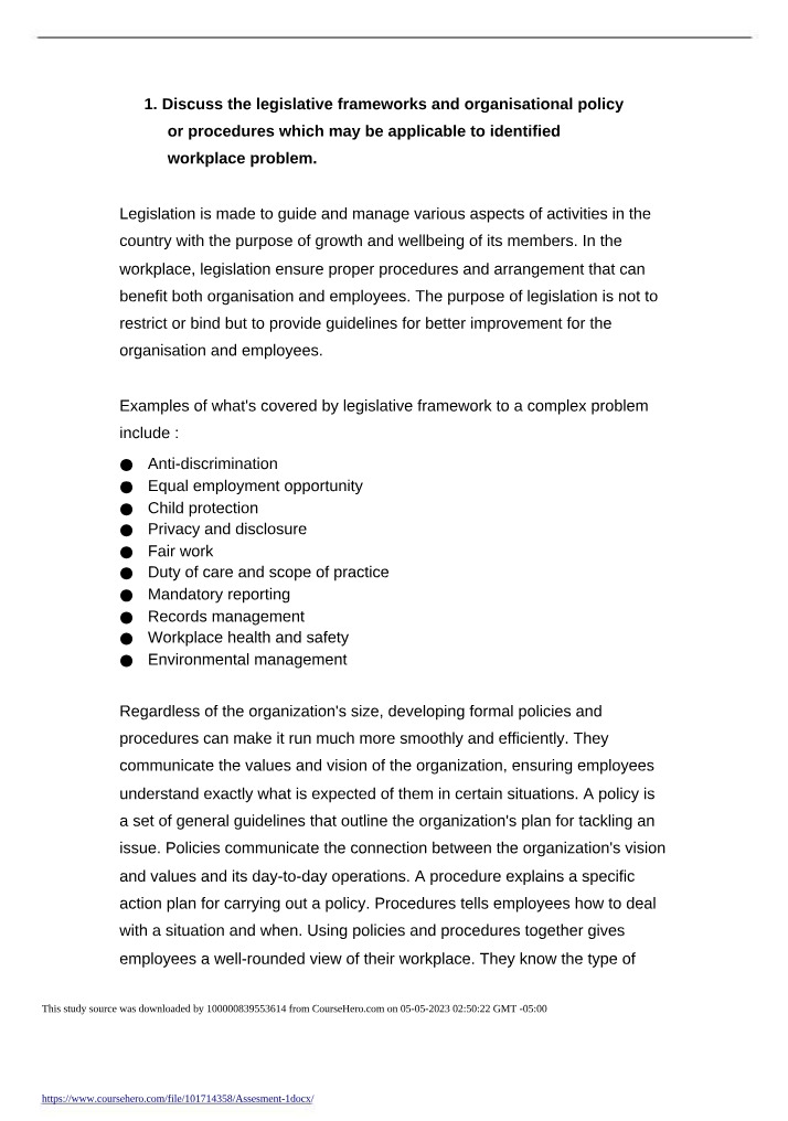 Workplace Problems - Legislative Frameworks and Policies