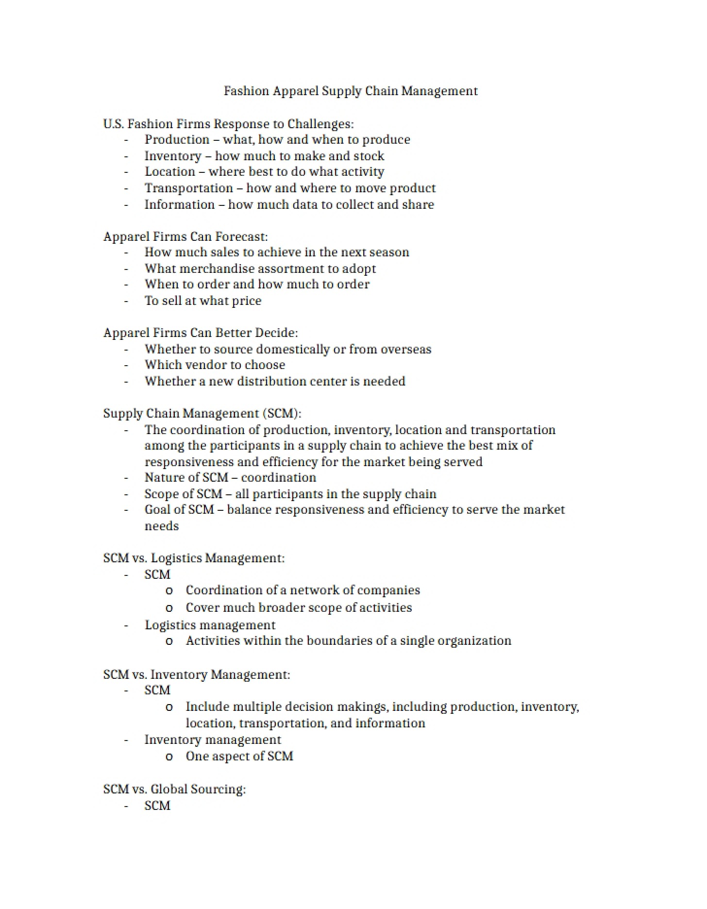 Management of Fashion Apparel Supply Chains
