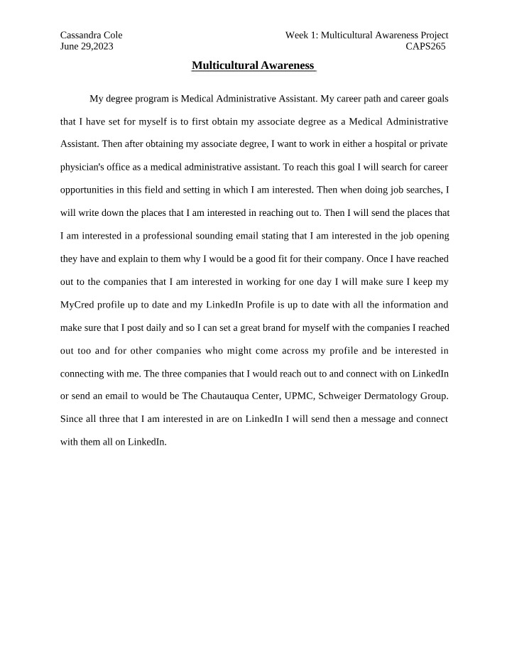 Multicultural Awareness Project Week 1 Submission
