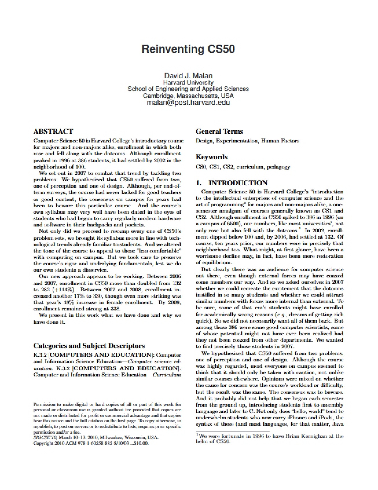 Reinvention of the CS50 Course