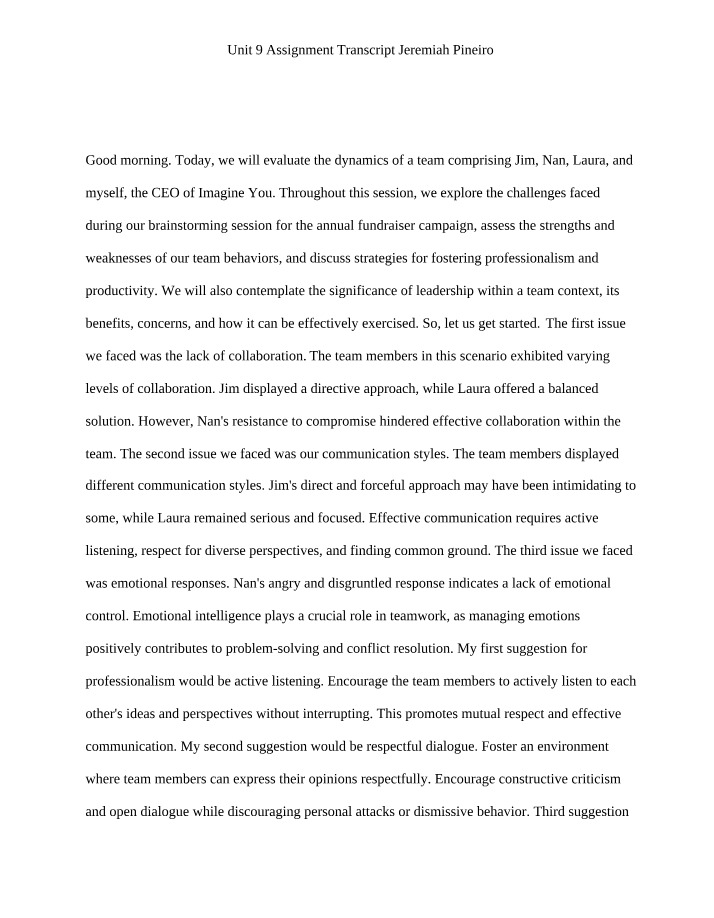 Transcript for Unit 9 Assignment - Jeremiah Pineiro