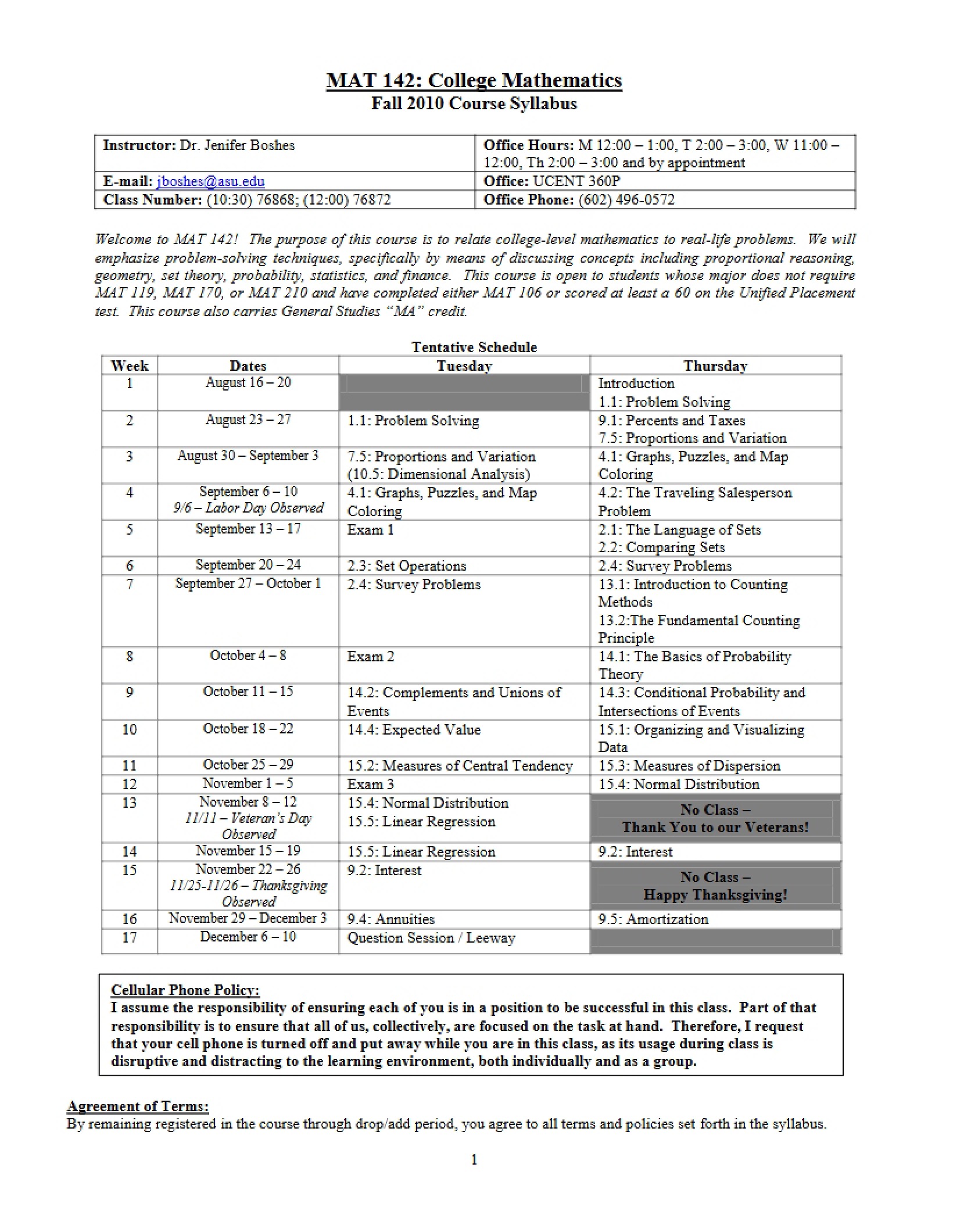 College Mathematics Syllabus - 3 Pages