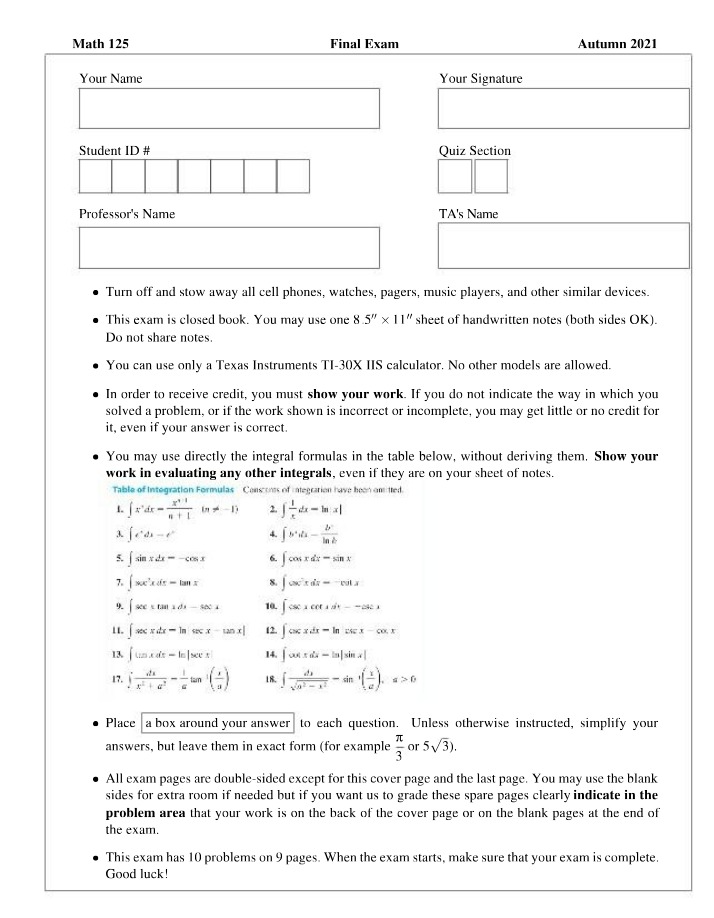 Final Exam - Integrals, Graphs, and Differential Equations