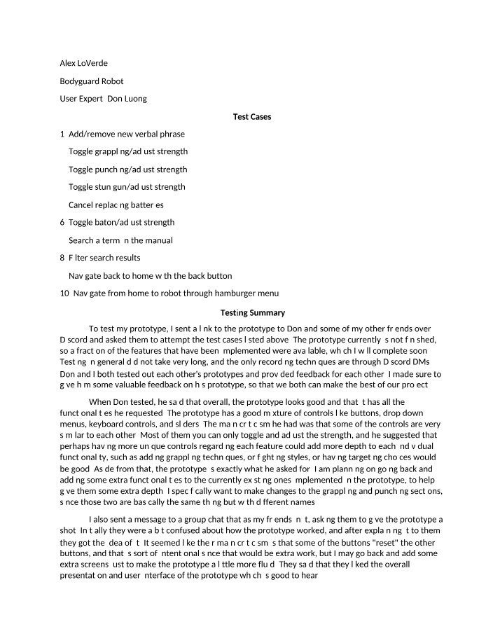 Test Cases and Feedback for Bodyguard Robot