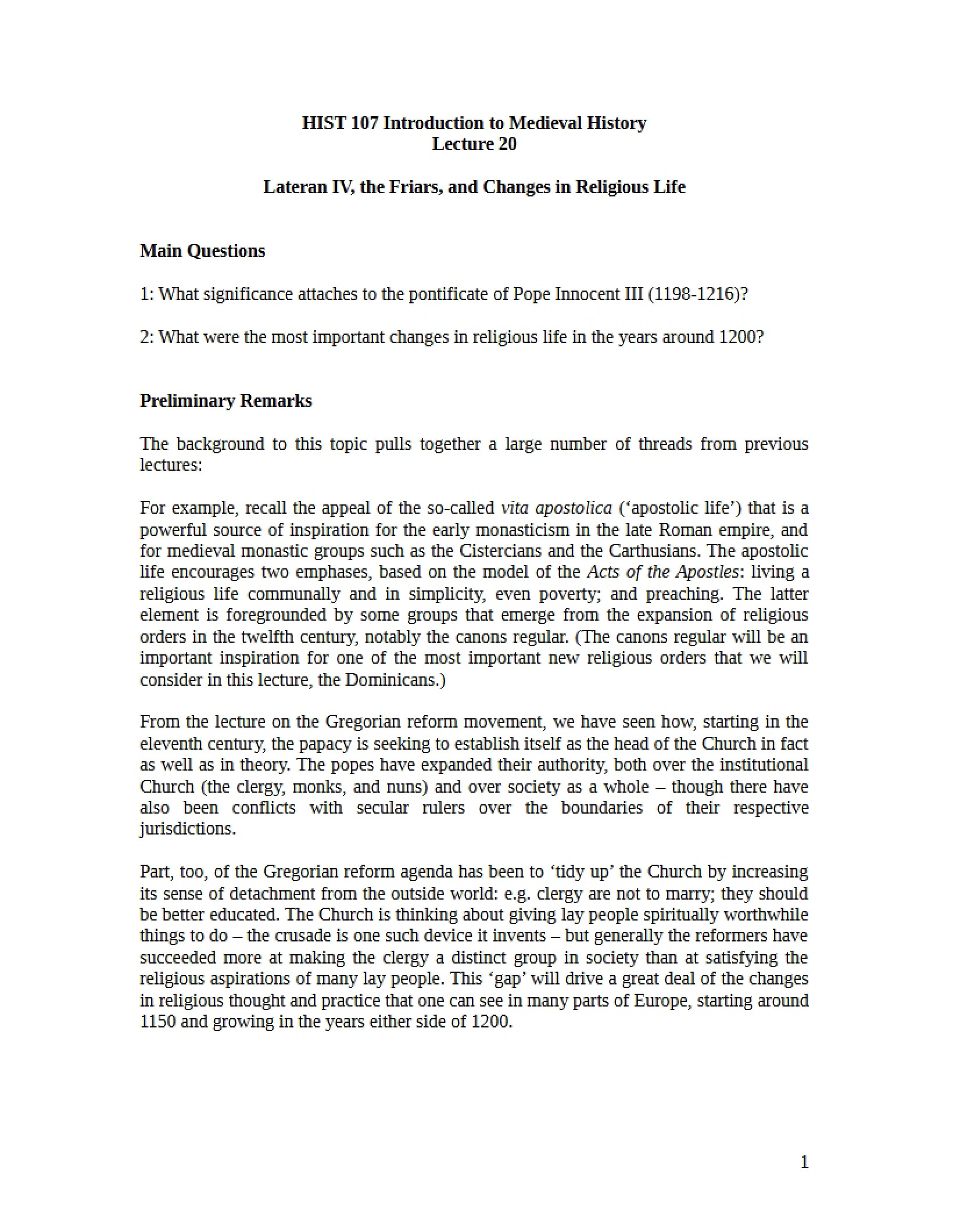 Friars and Lateran IV (Lecture 20)