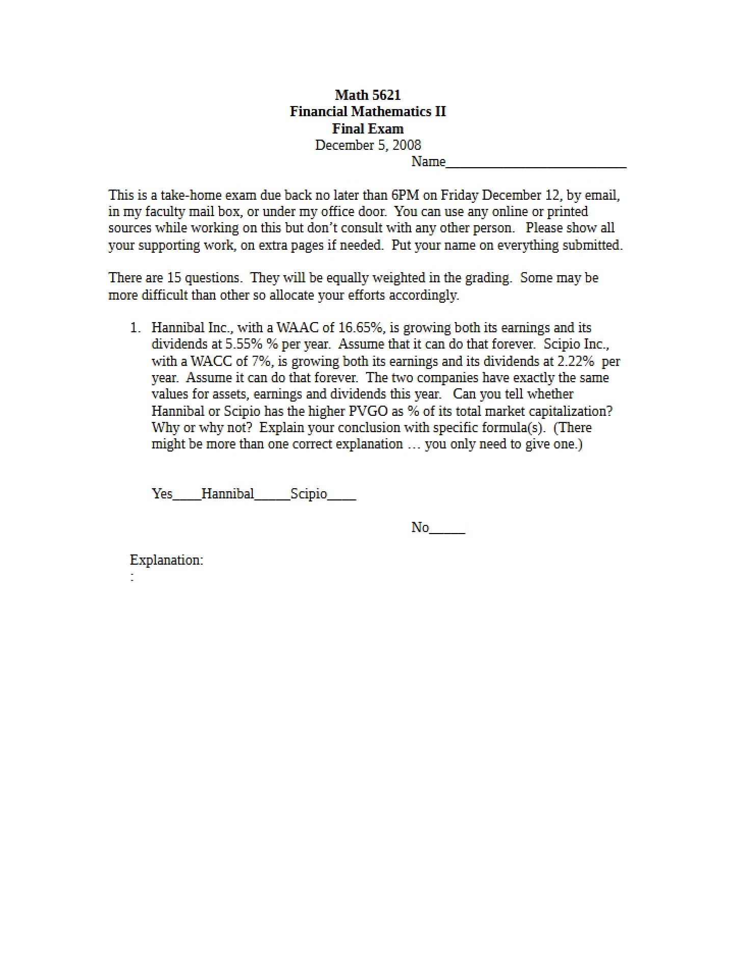 Final Examination - Financial Mathematics II