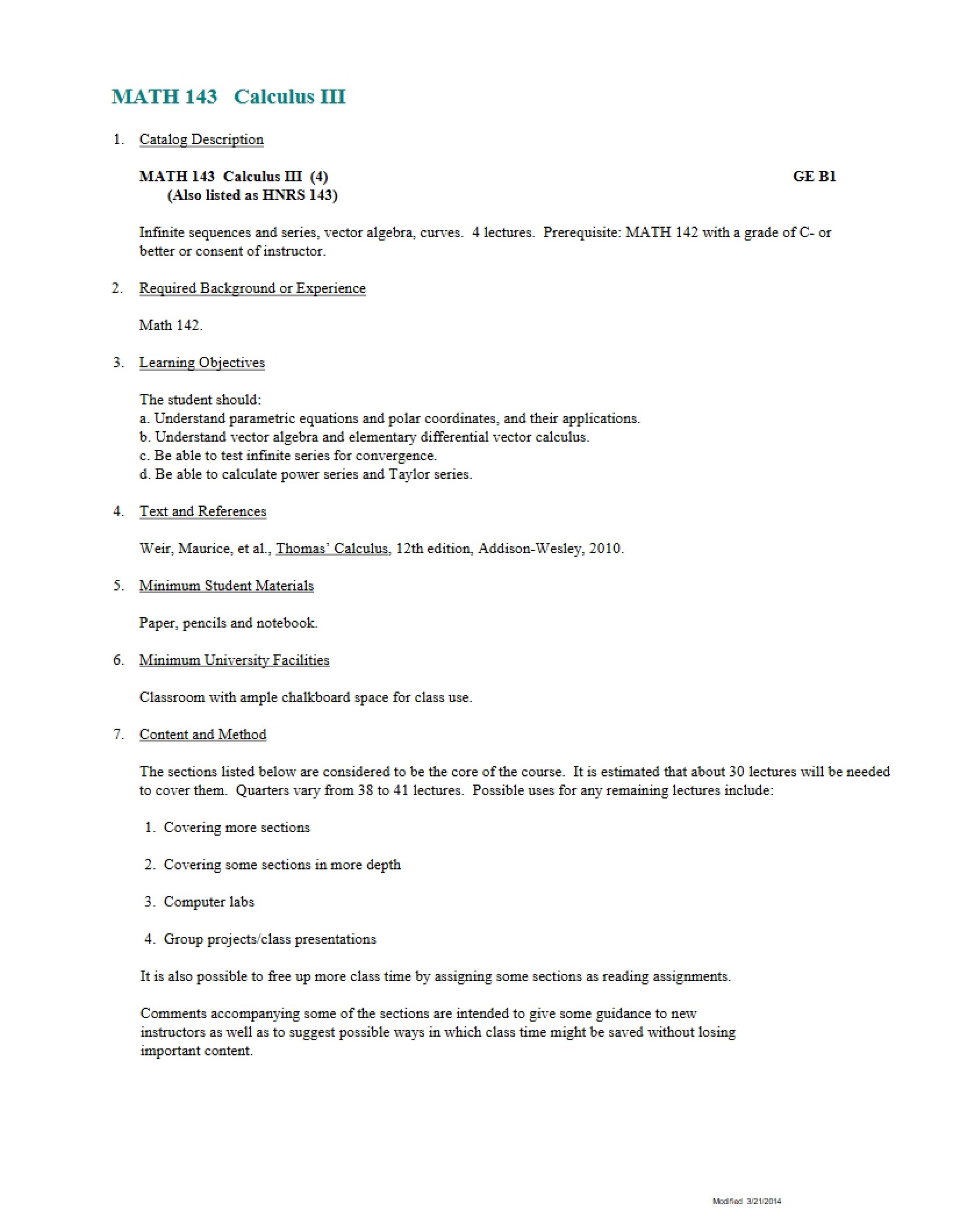 Calculus III Course Description