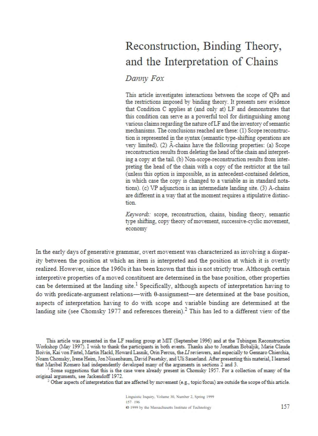 Chains Interpretation, Binding Theory, and Reconstruction