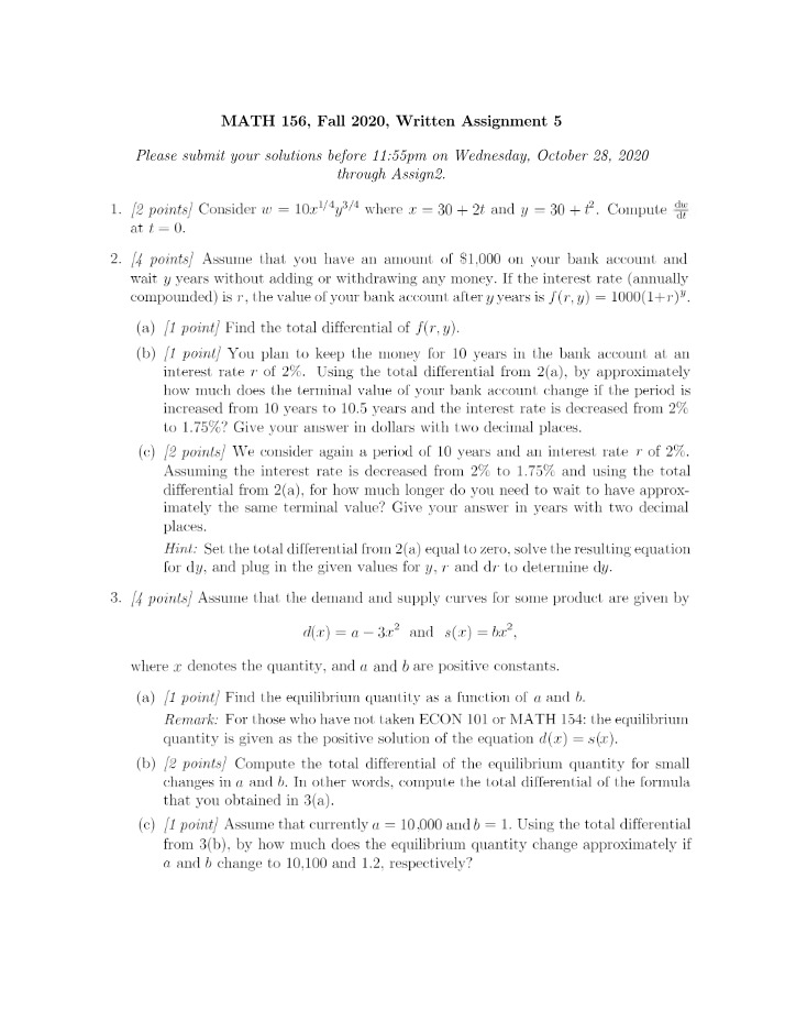 Written Assignment 5 Solutions for MATH 156 Fall 2020