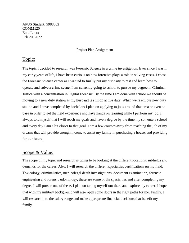 Project Plan for Forensic Science in Crime Investigation
