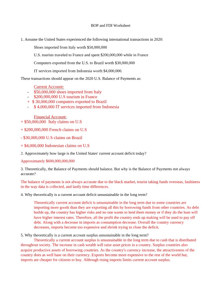 FDI and BOP Worksheet