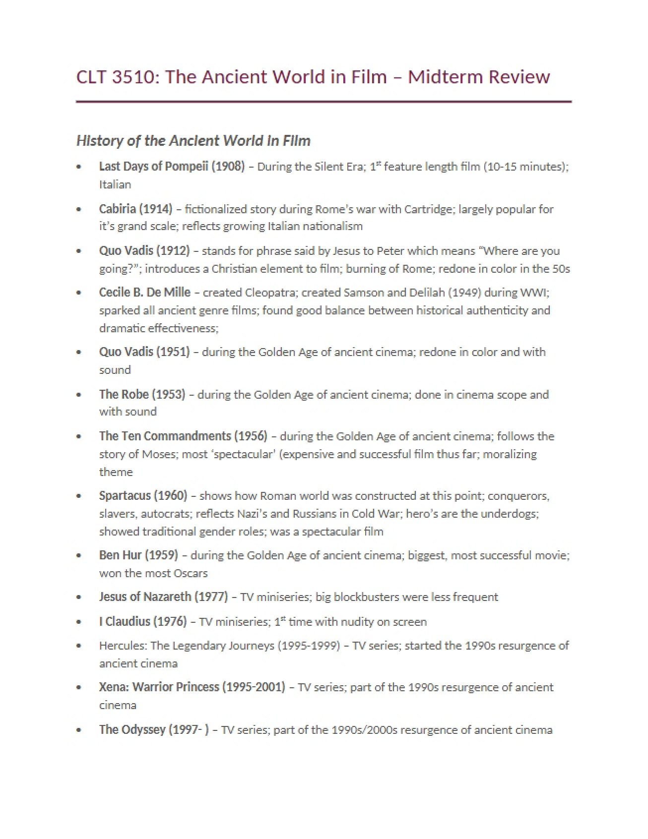 Midterm Review for The Ancient World in Film
