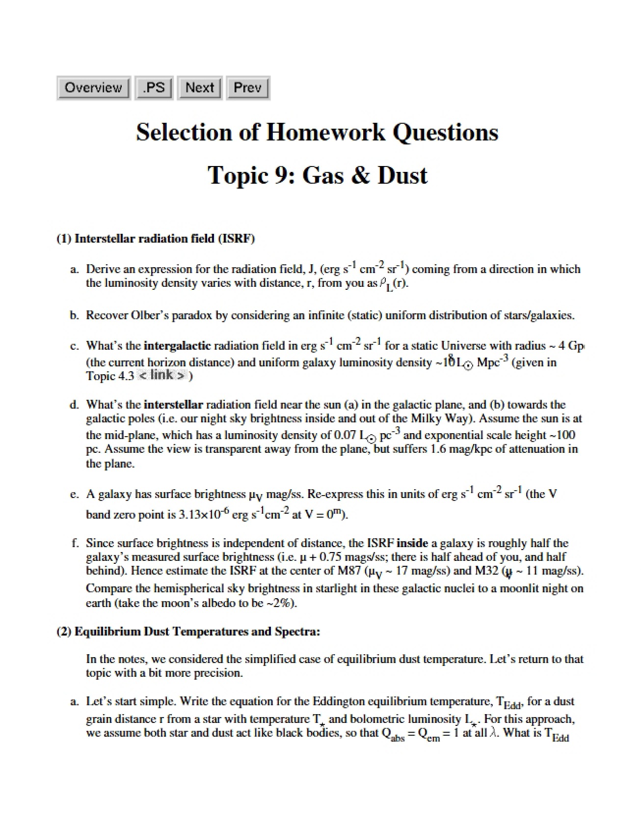 Homework Questions Gas and Dust (Topic 9)