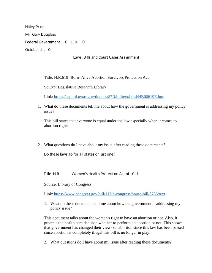 Assignment - Laws, Bills, and Court Cases