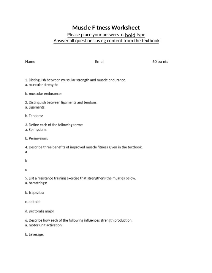 Worksheet on Muscle Fitness