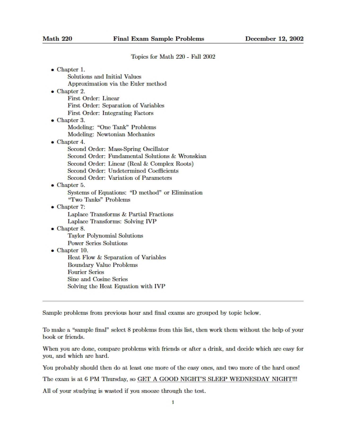 Sample Problems Math 220 Final