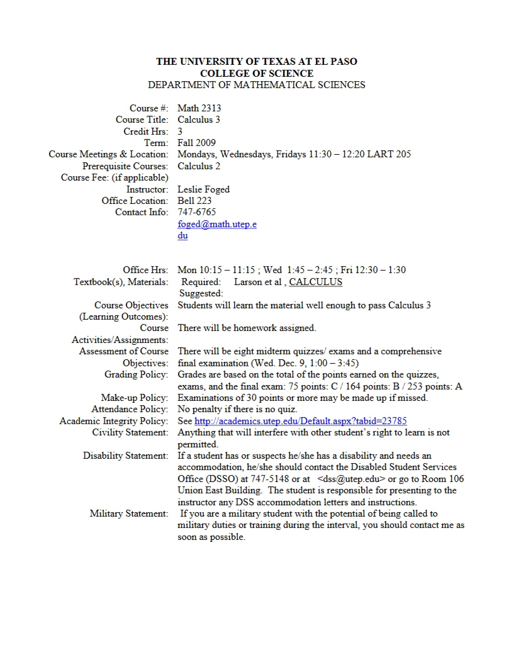 Calculus III Syllabus - Calculus III