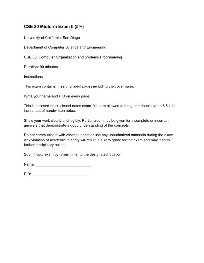 Midterm Exam II - CSE 30