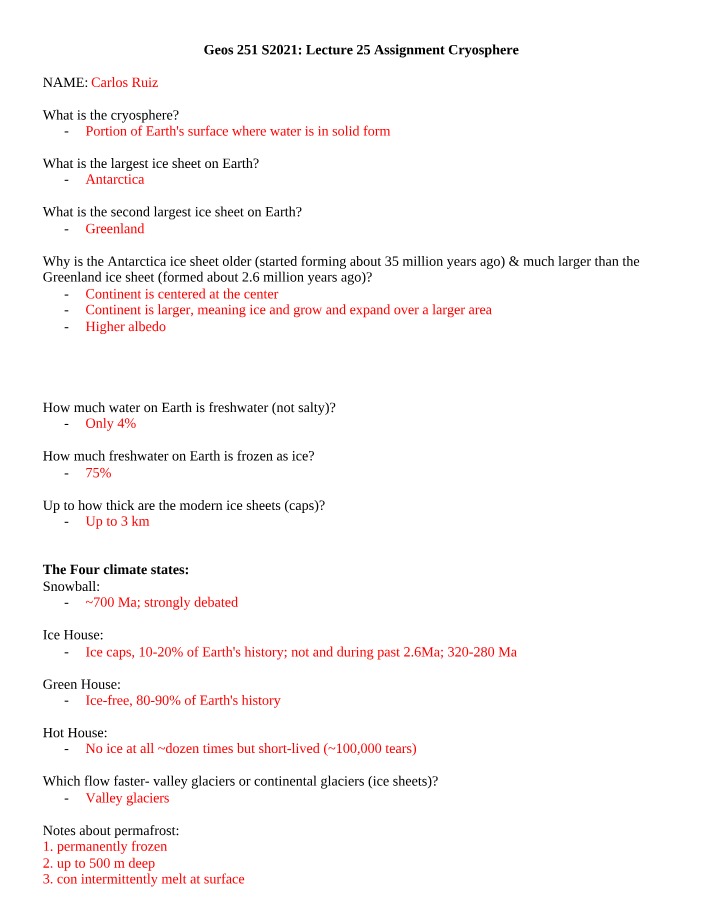 Lecture 25 Assignment - Cryosphere (Geos 251 S2021)