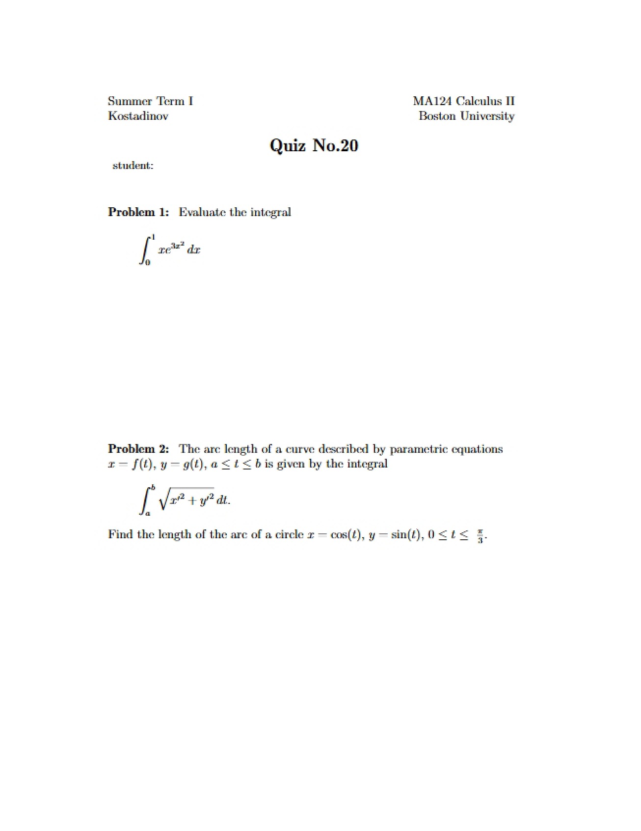 Calculus 2 Quiz Number Twenty