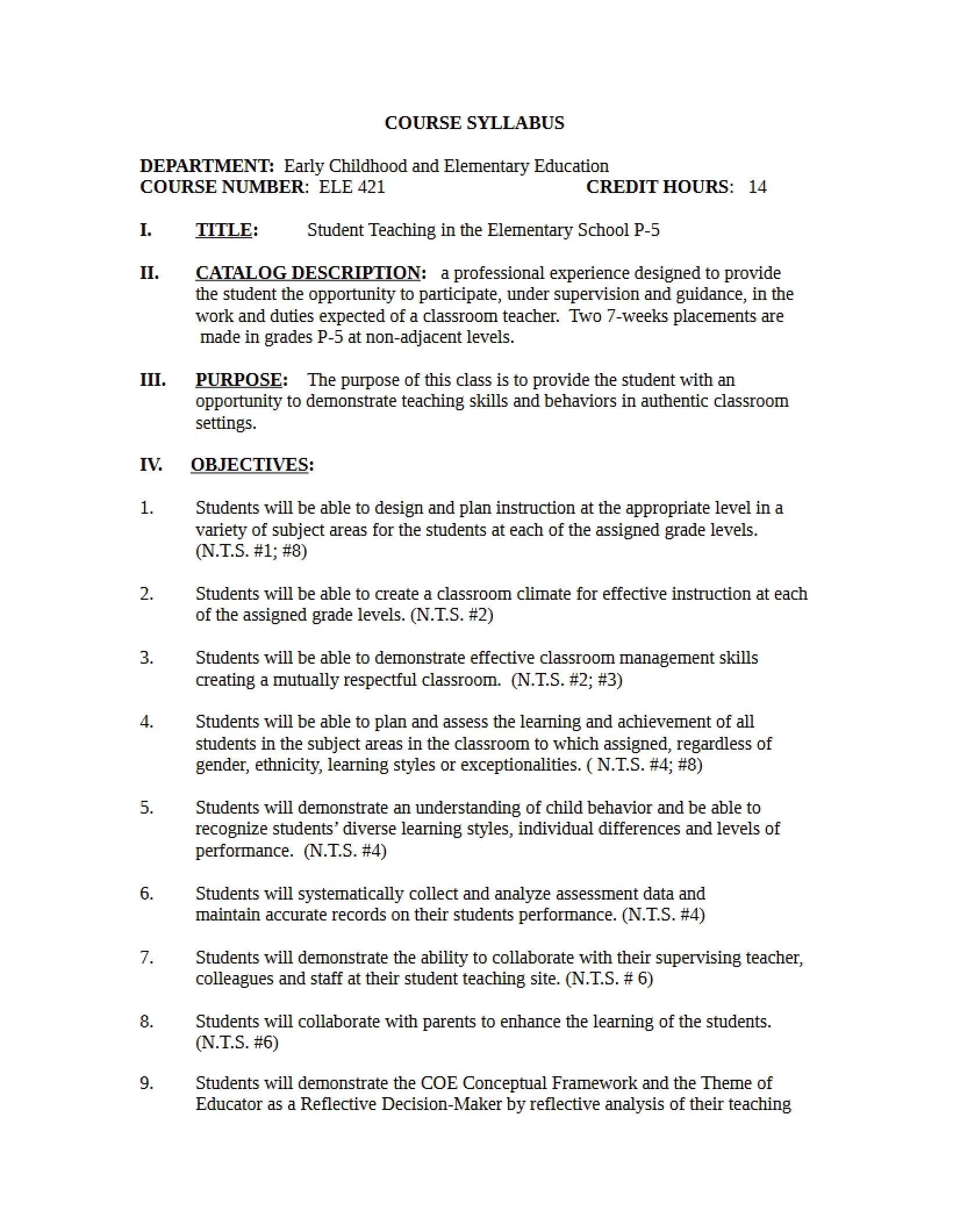Syllabus - Student Teaching Elementary P-5, IECE